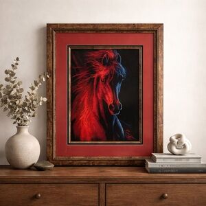 Fire and Ice Vintage Framed Horse Needlepoint Wall Decor - Red Black Fibre Art